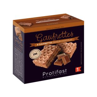 8 gaufrettes saveur chocolat riches en protéines. 4 sachets fraîcheur x 2